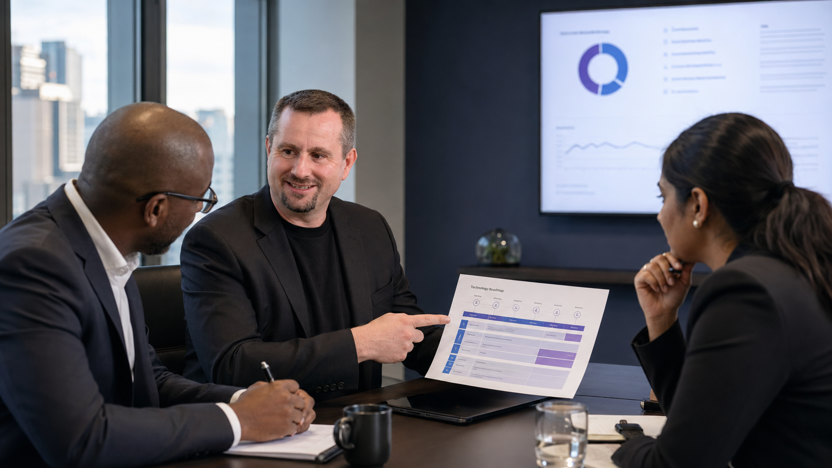 Iteology founder working through a technology plan with business clients